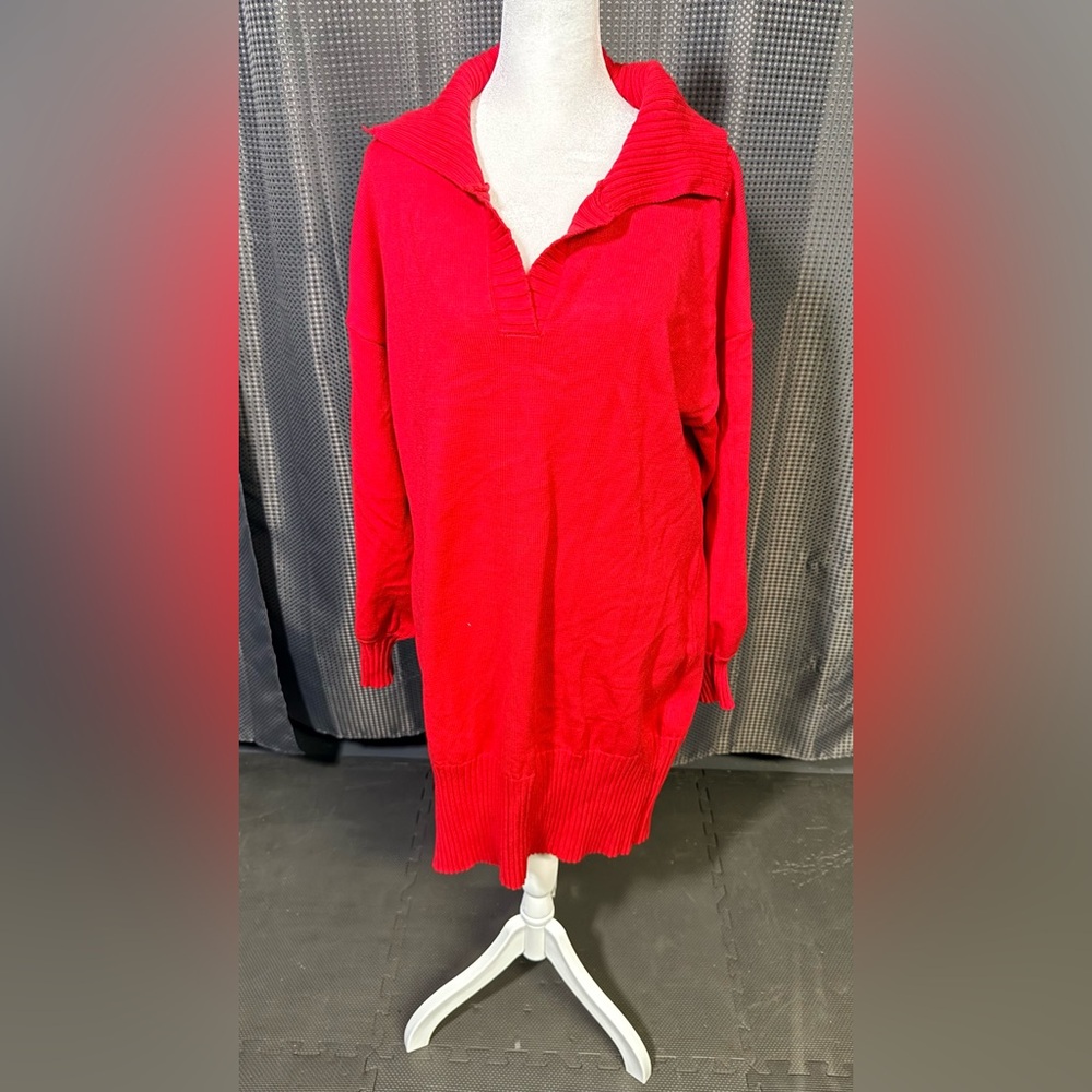 Bright Red V-Neck Knit Sweater Dress